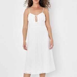 🤍 NWT Lulus Adored Aura White Eyelet Embroidered Cutout Midi Dress XS 🤍